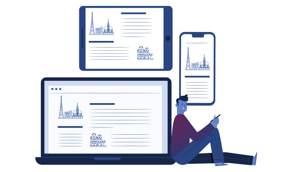 Grafika przedstawiająca siedzącą osobę , a obik znajduje się ekran komputera, tabletu oraz telefonu komórkowego