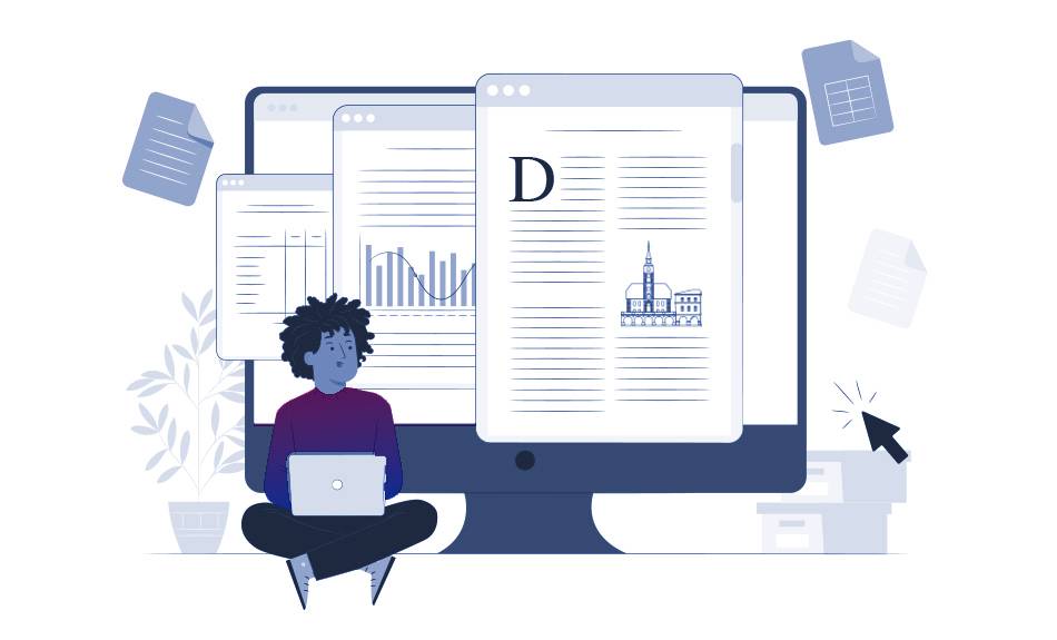 Grafika przedstawiająca ekran monitora oraz osobę siedzącą przy laptopiee